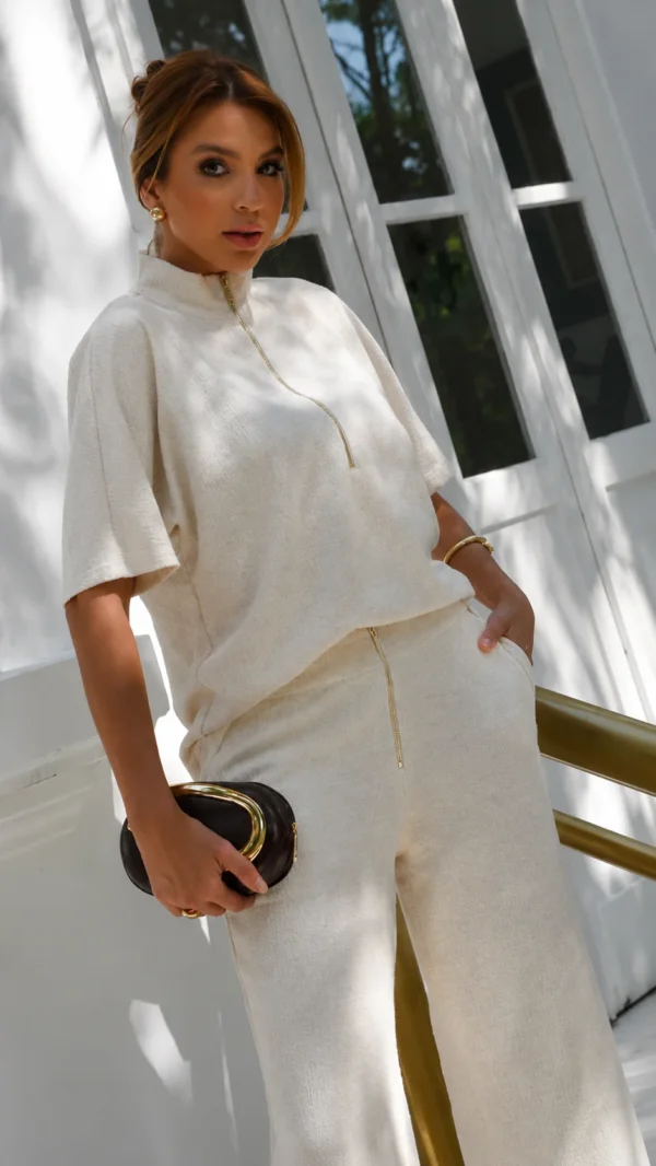 Conjunto Mônaco: calça e blusa confeccionado em tweed com algodão