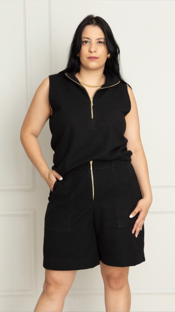 Conjunto Lisboa: Blusa e Bermuda em Malha Tweed