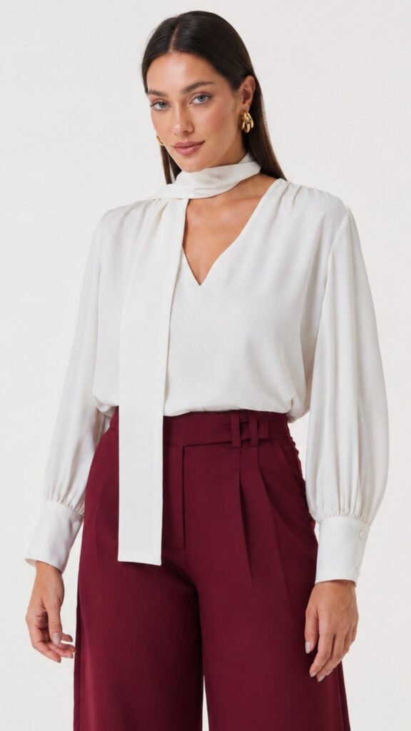 Blusa Esplendore: com lenço alongado e manga Longa e botões na manga