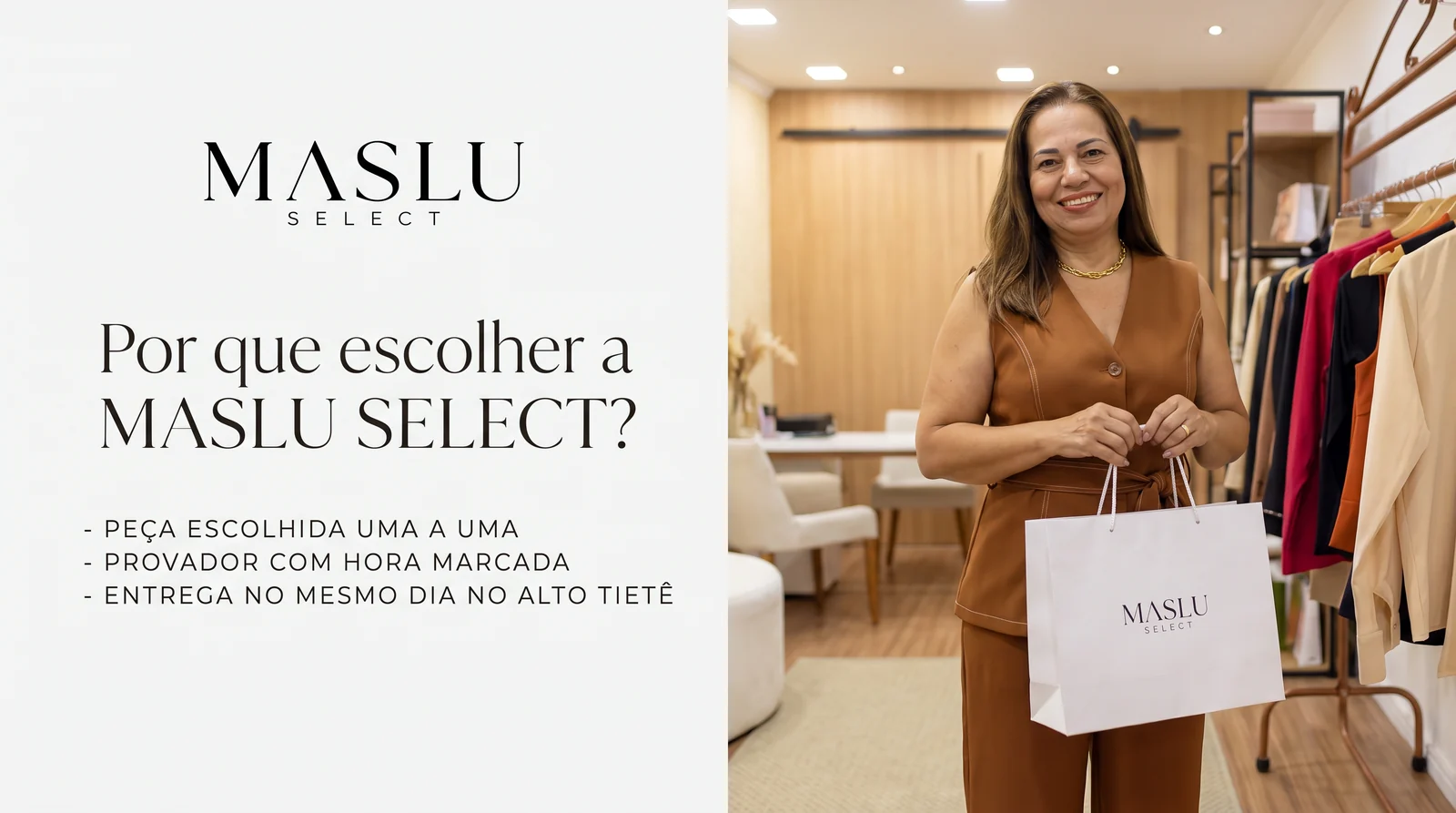 Por que escolher a MASLU SELECT: peça escolhida uma a uma, provador com hora marcada, entrega no mesmo dia no Alto Tietê